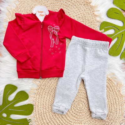 Conj. Jaqueta de Moletom Lacinho e Calça Legging - Vermelho e Mescla